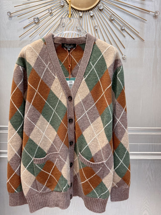 Baby**25fw old Money Style Diamond Pattern Knitted Wool Cardigan