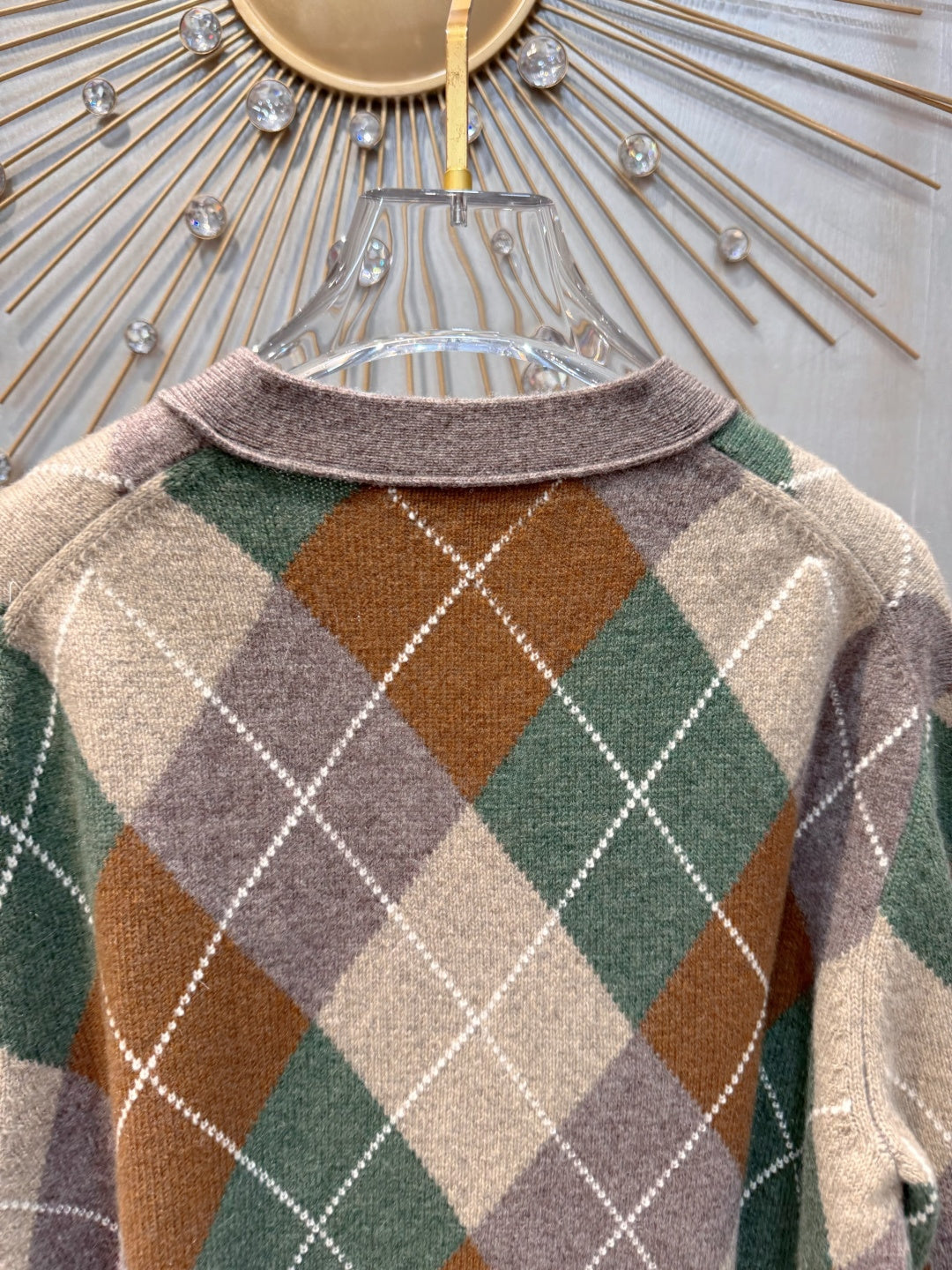 Baby**25fw old Money Style Diamond Pattern Knitted Wool Cardigan