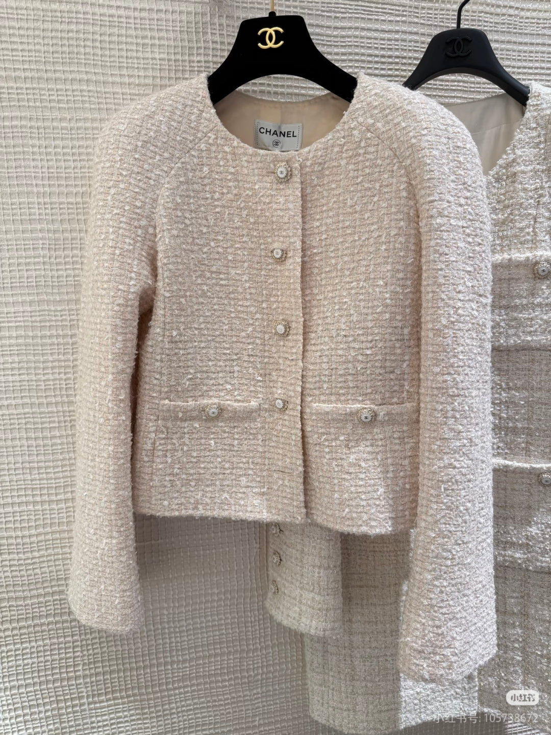 Cha**fw 25K beige tweed jacket and skirt set
