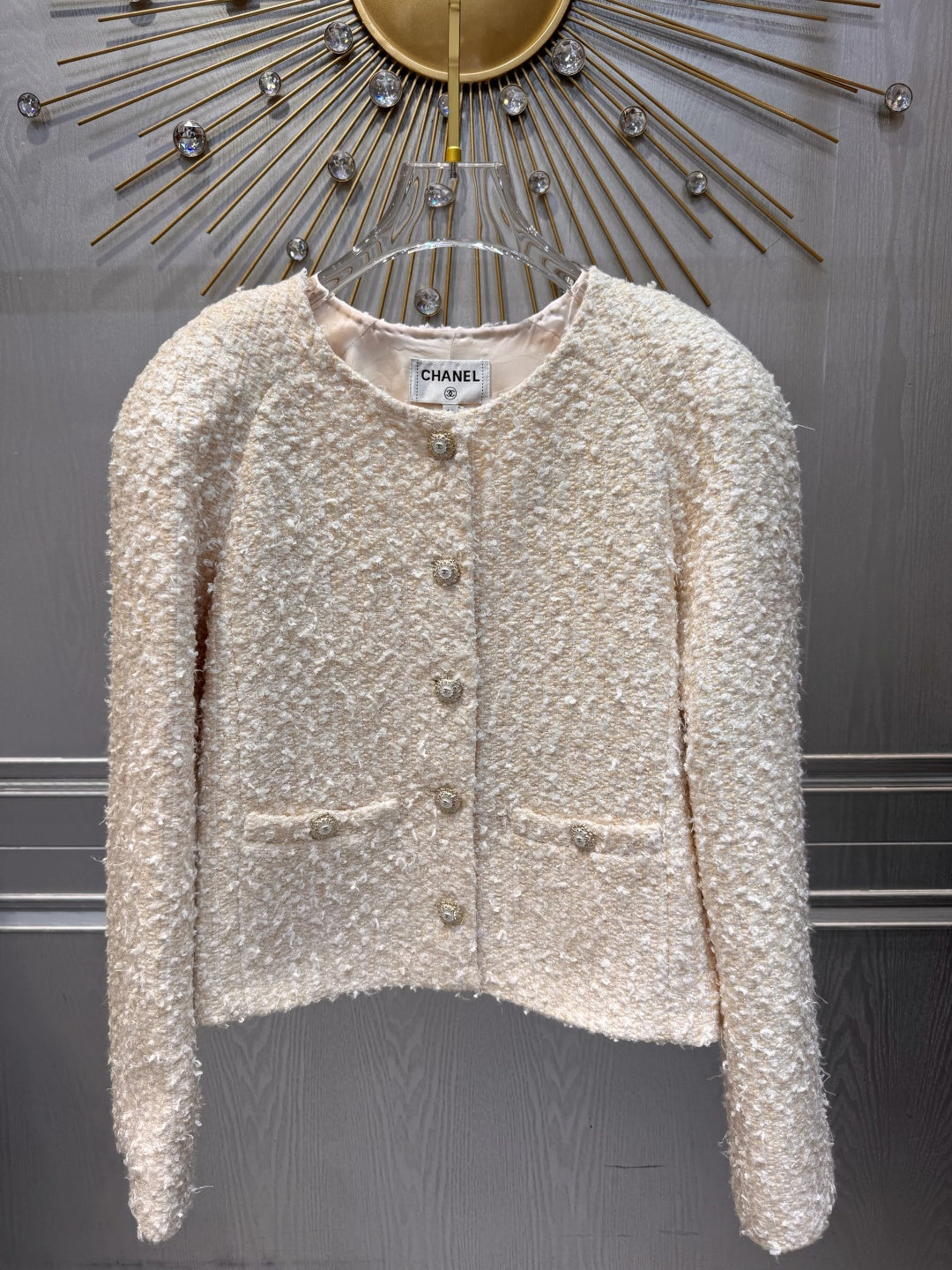 Cha**fw 25K beige tweed jacket and skirt set