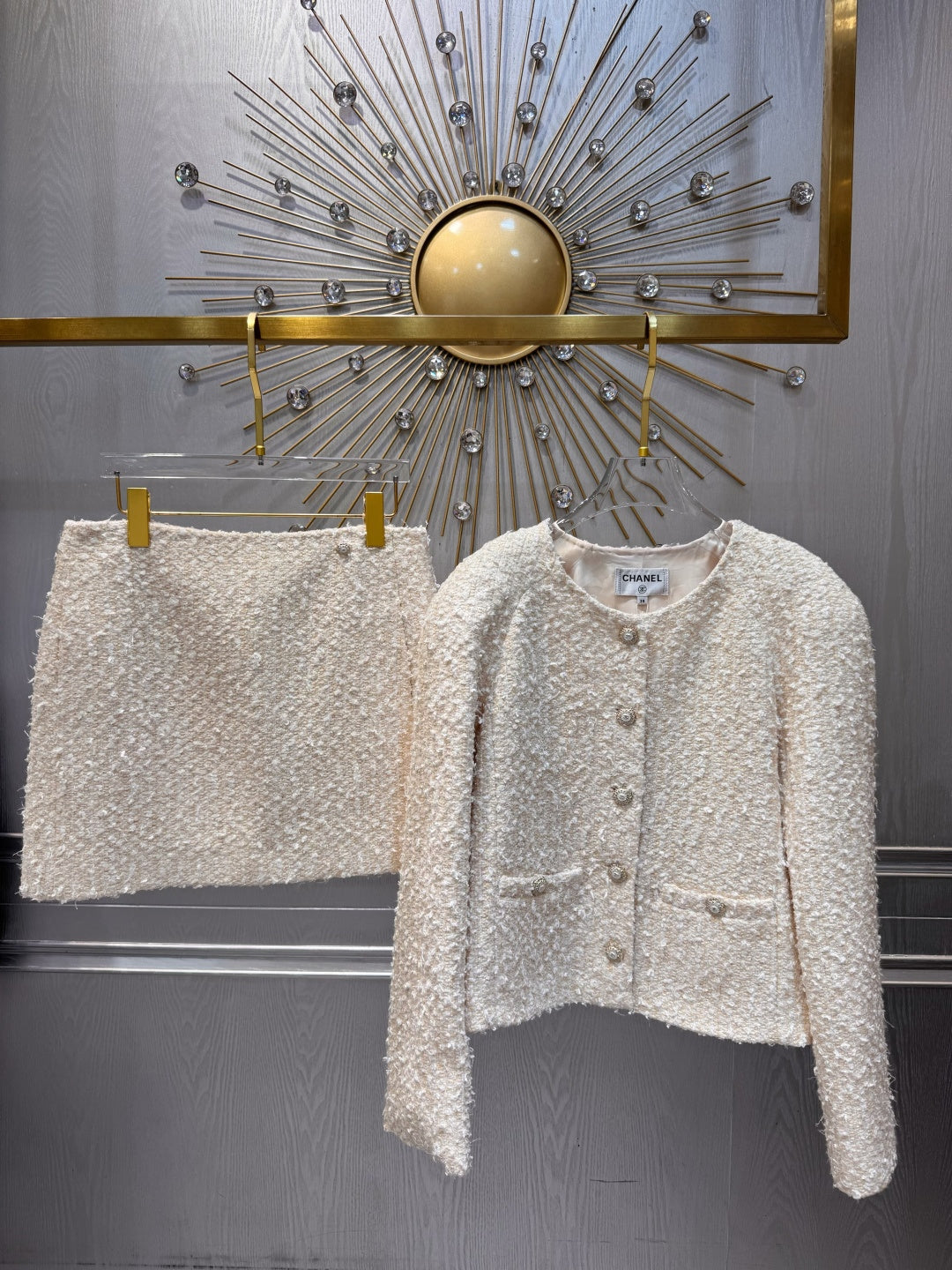 Cha**fw 25K beige tweed jacket and skirt set