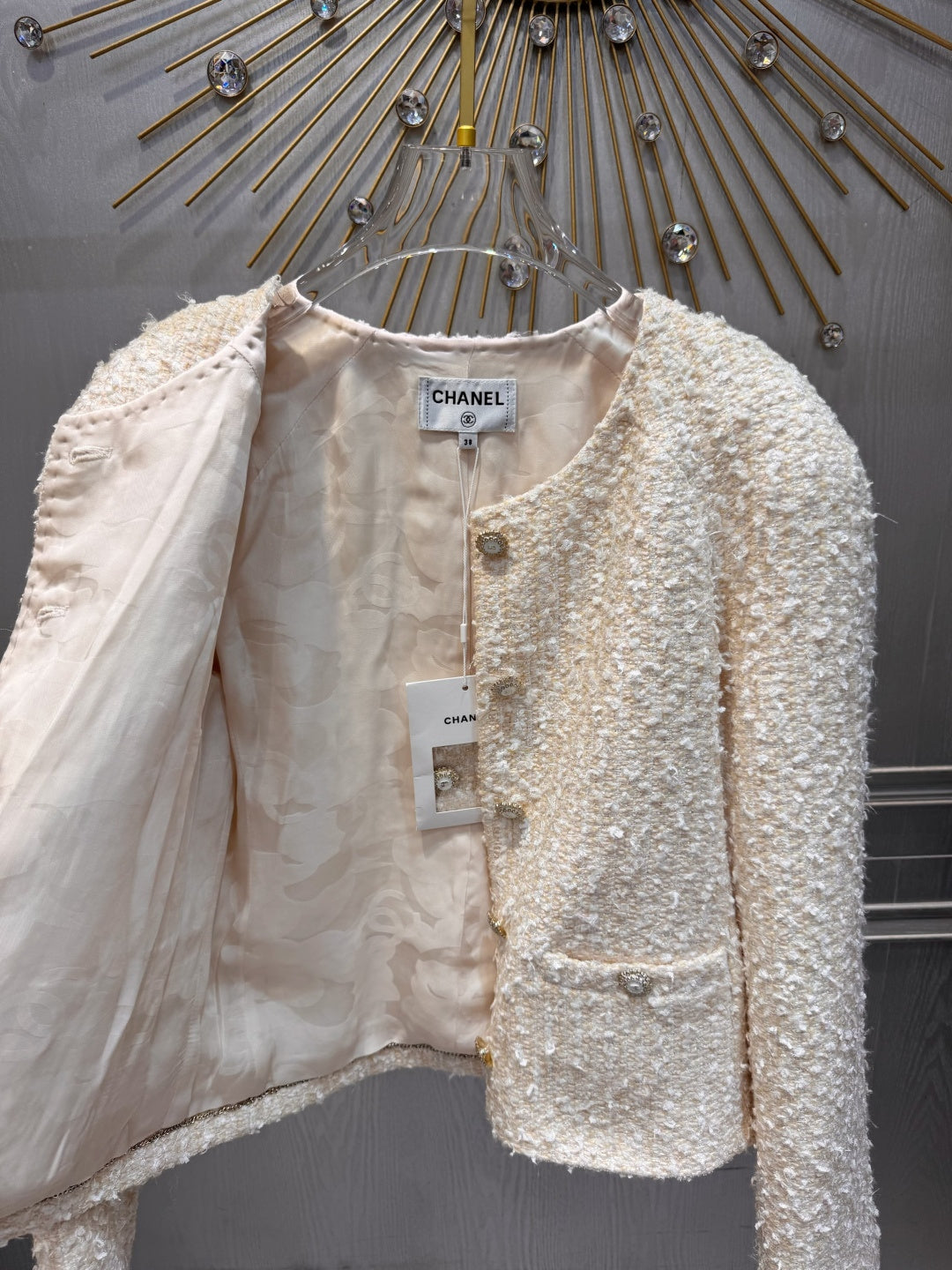 Cha**fw 25K beige tweed jacket and skirt set