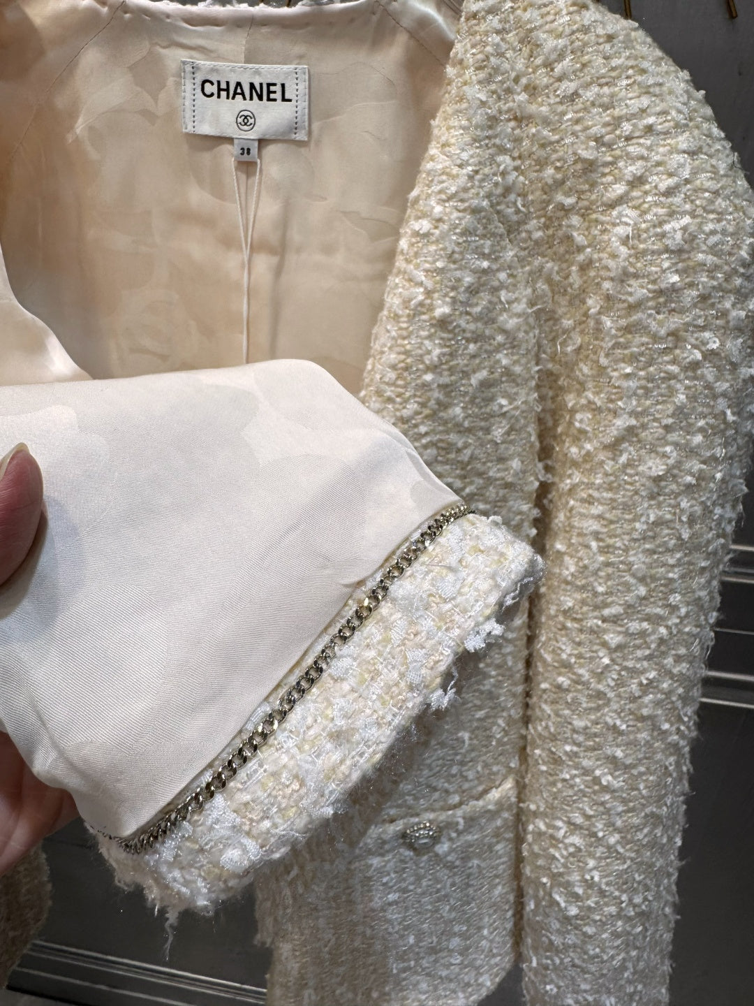 Cha**fw 25K beige tweed jacket and skirt set