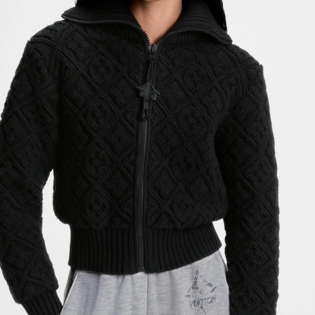 Lou**25fw new black embossed monogram knit zip-up jacket