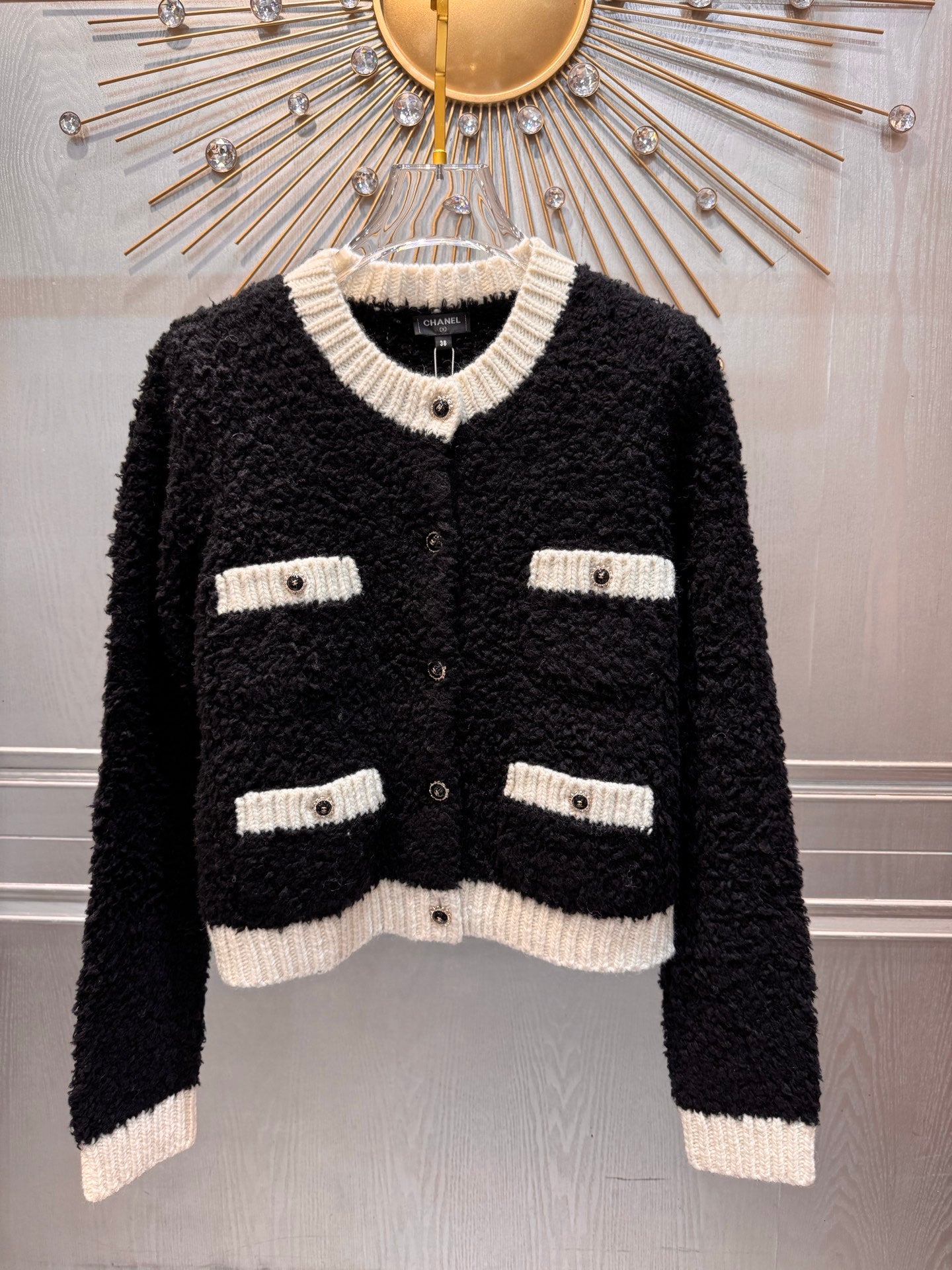 Cha**25fw new black and white teddy bear knit cardigan
