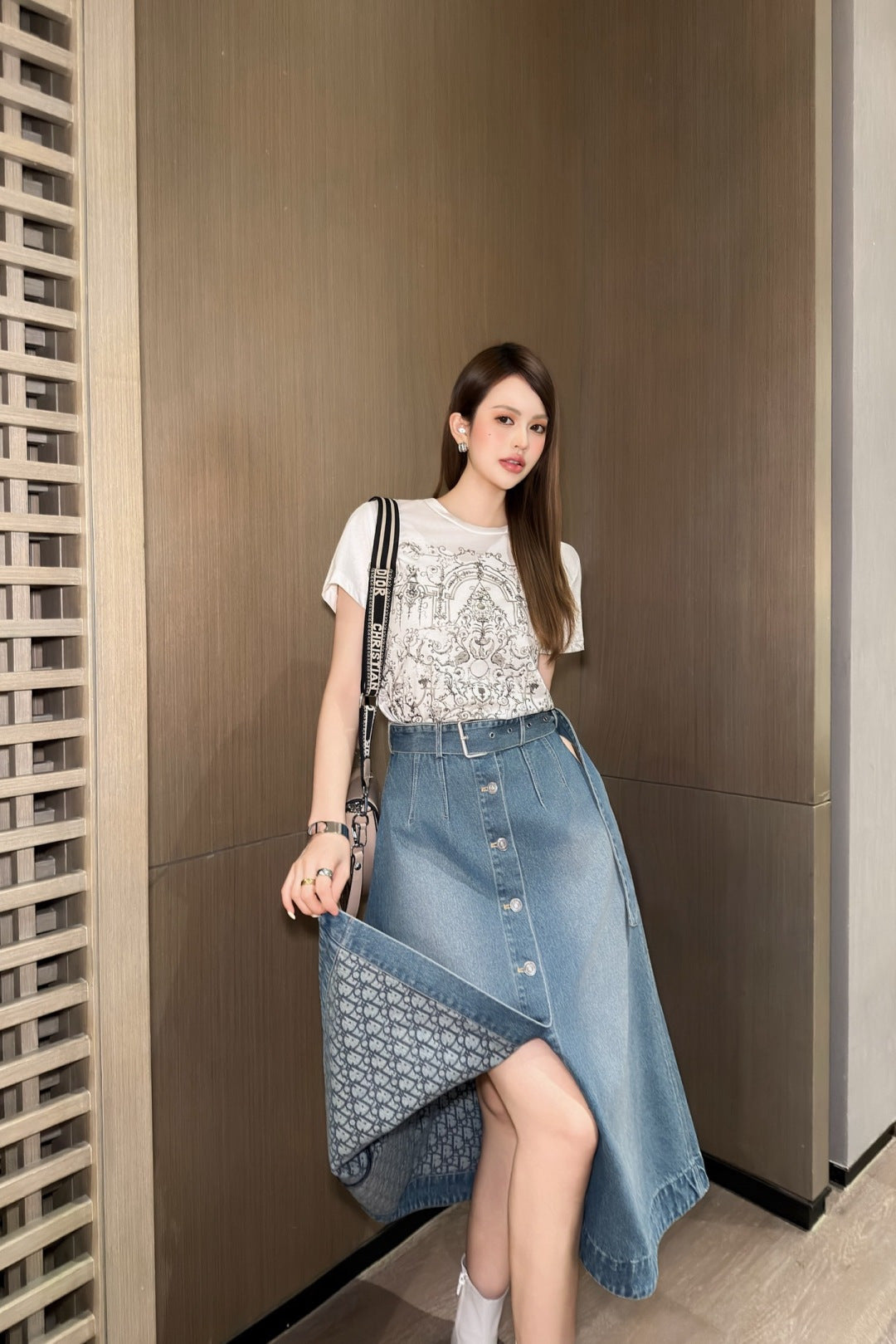Cd 25fw denim belted A-line skirt