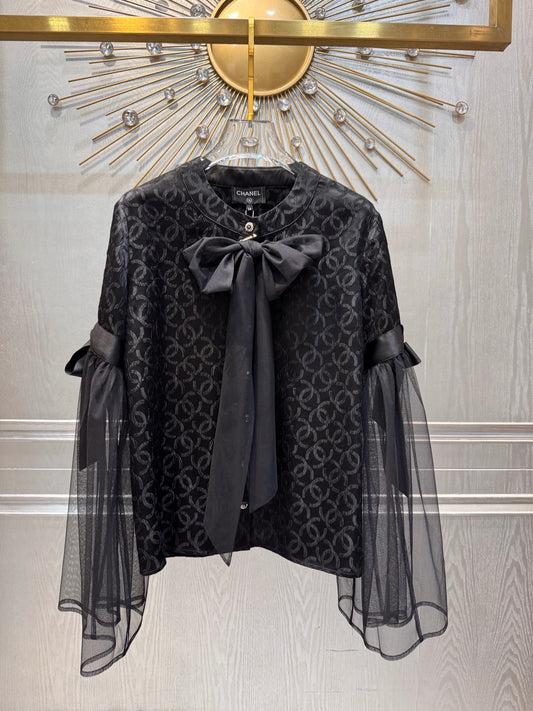 Cha**new black silk bow top