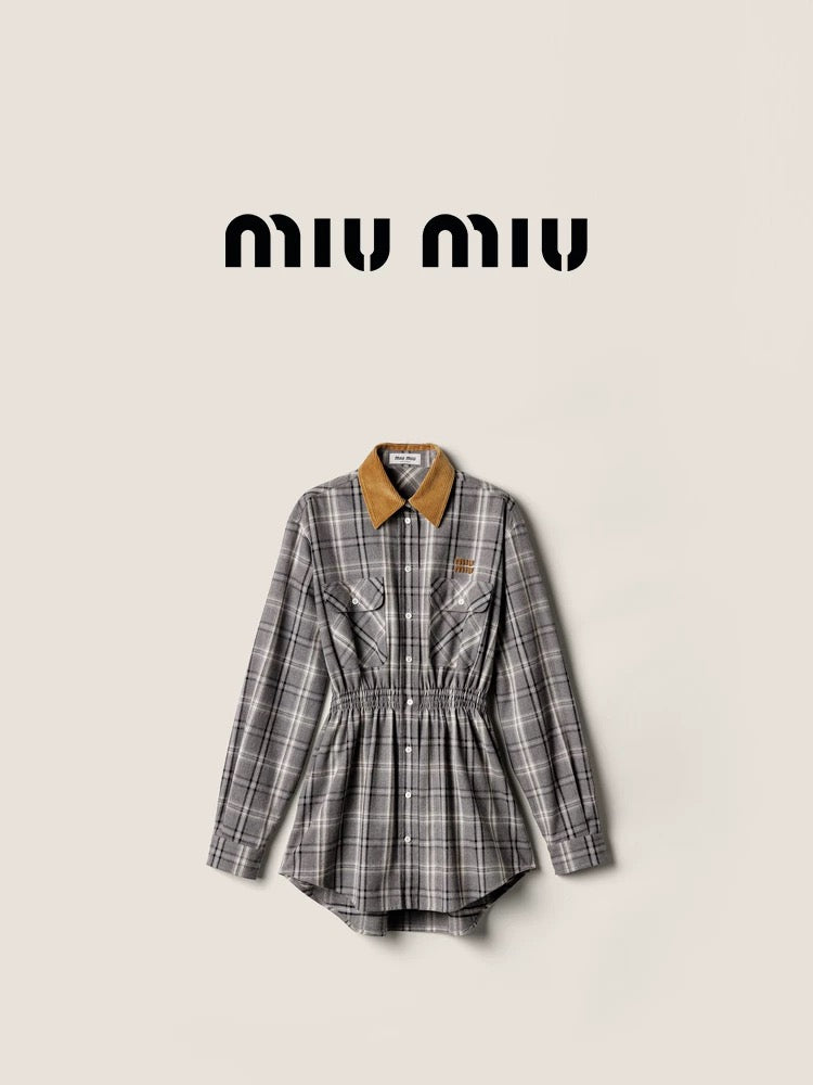 Miu**25fw flannel plaid belted shirt dress