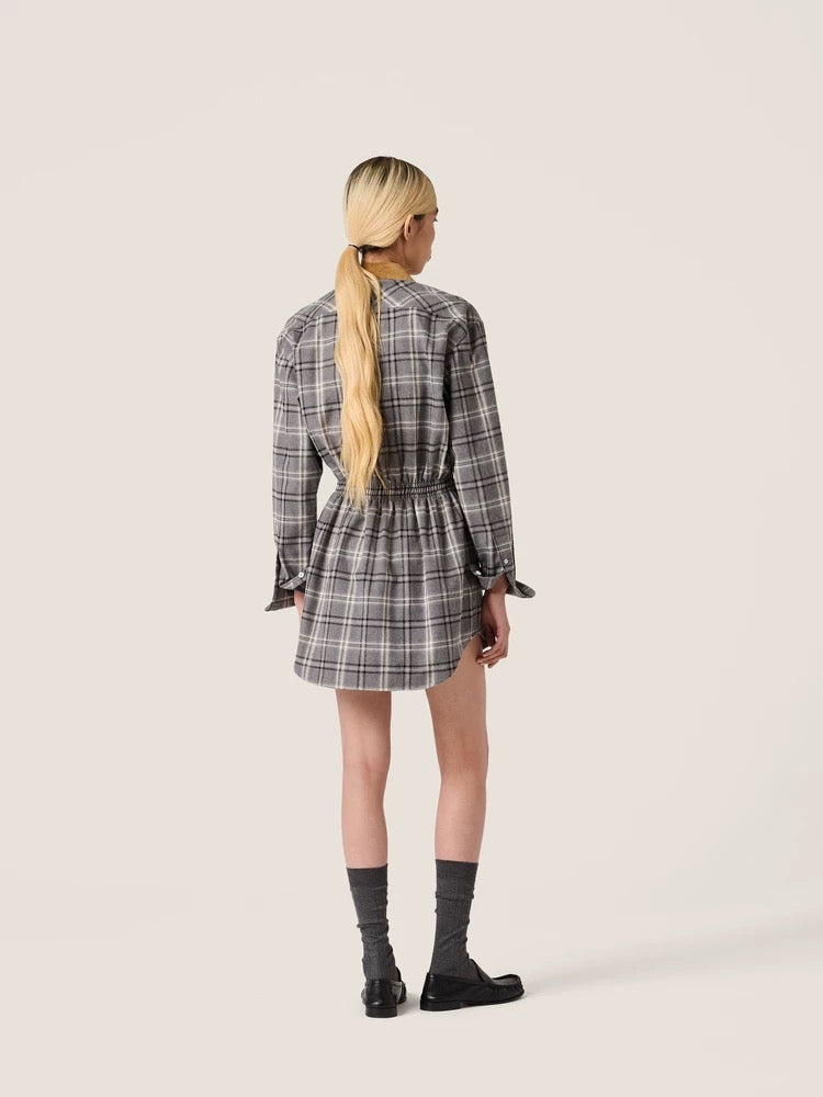 Miu**25fw flannel plaid belted shirt dress