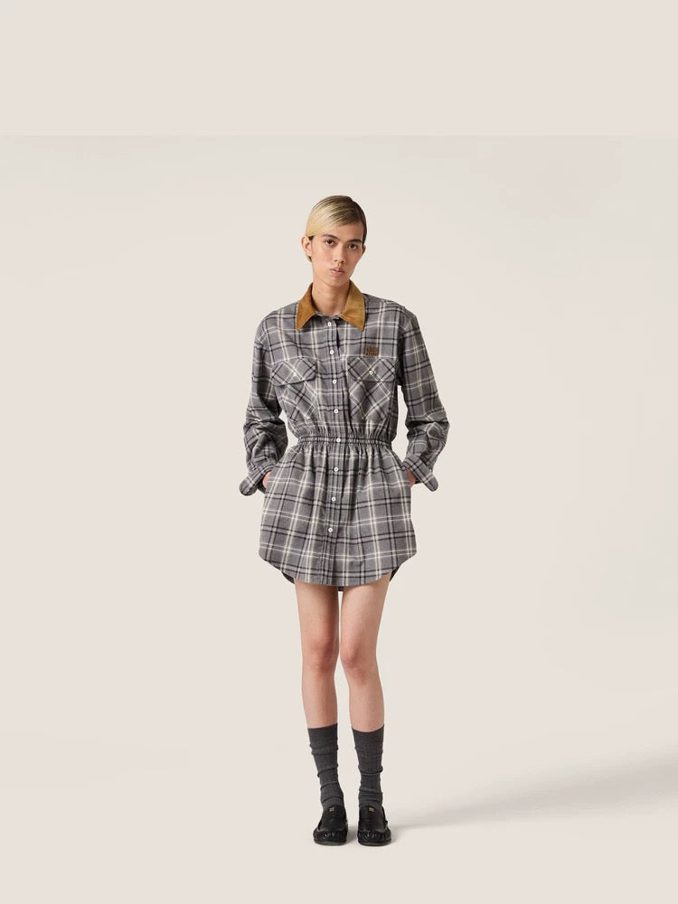 Miu**25fw flannel plaid belted shirt dress
