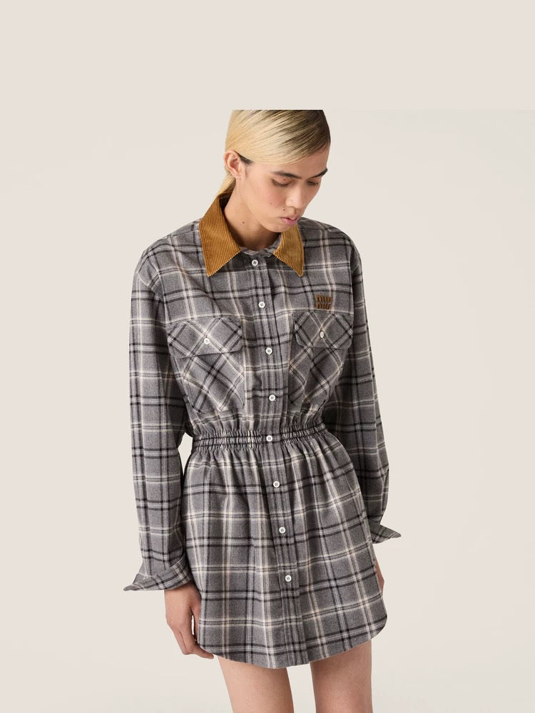 Miu**25fw flannel plaid belted shirt dress