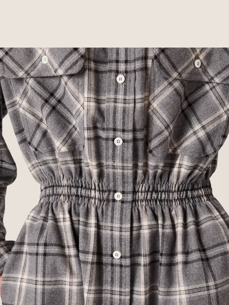 Miu**25fw flannel plaid belted shirt dress