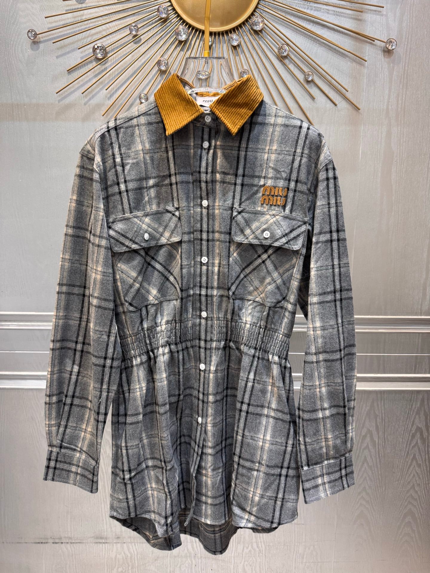 Miu**25fw flannel plaid belted shirt dress