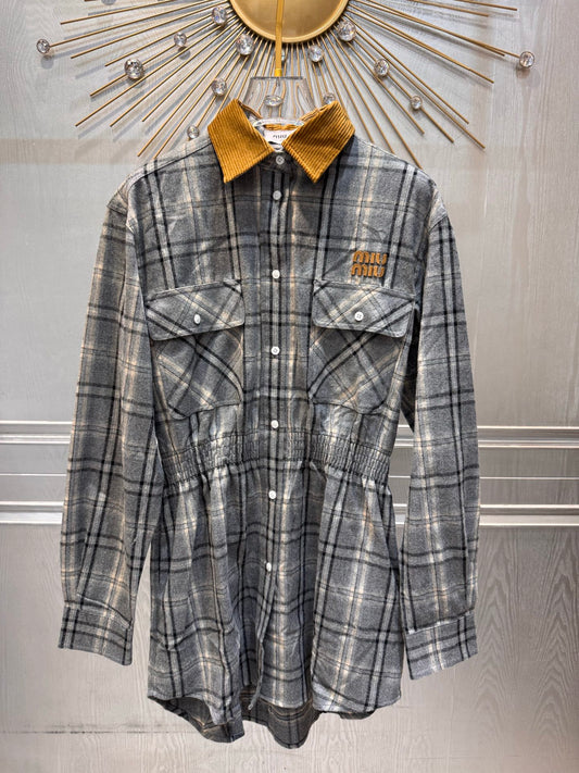 Miu**25fw flannel plaid belted shirt dress