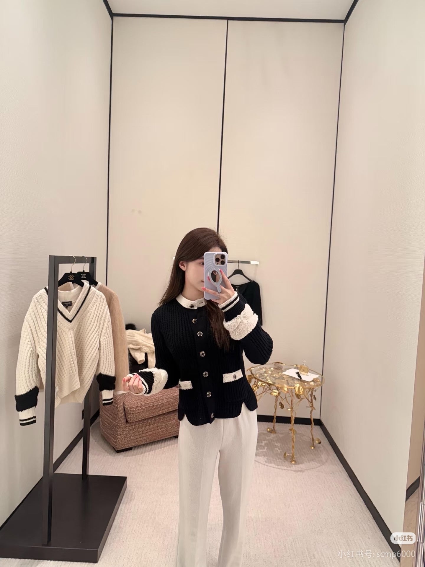 Cha**25fw skiing series black color-blocked cardigan