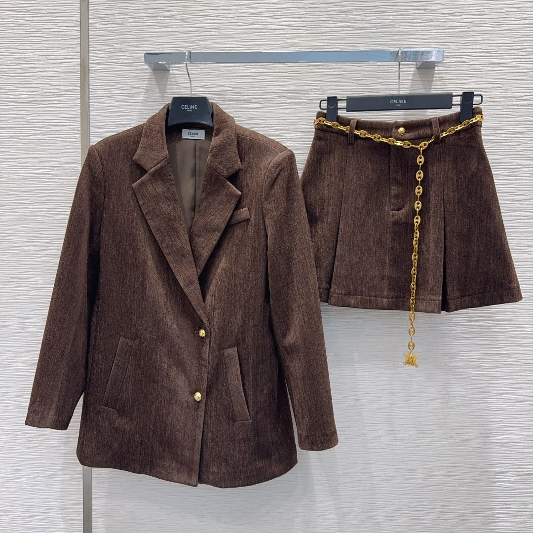 Cwl 25fw Lapel suit with waist chain and pleated skirt set