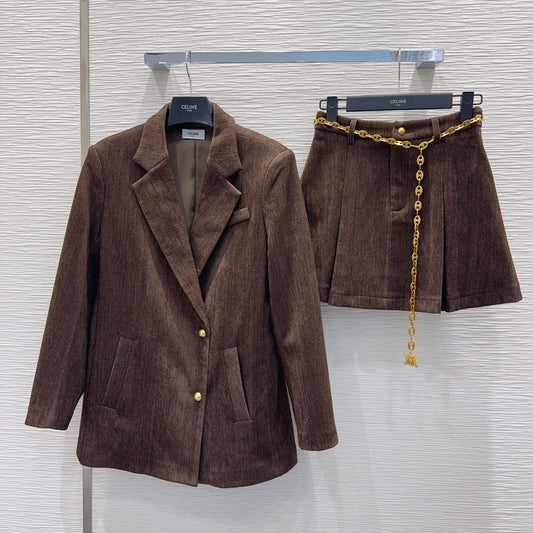 Cwl 25fw Lapel suit with waist chain and pleated skirt set