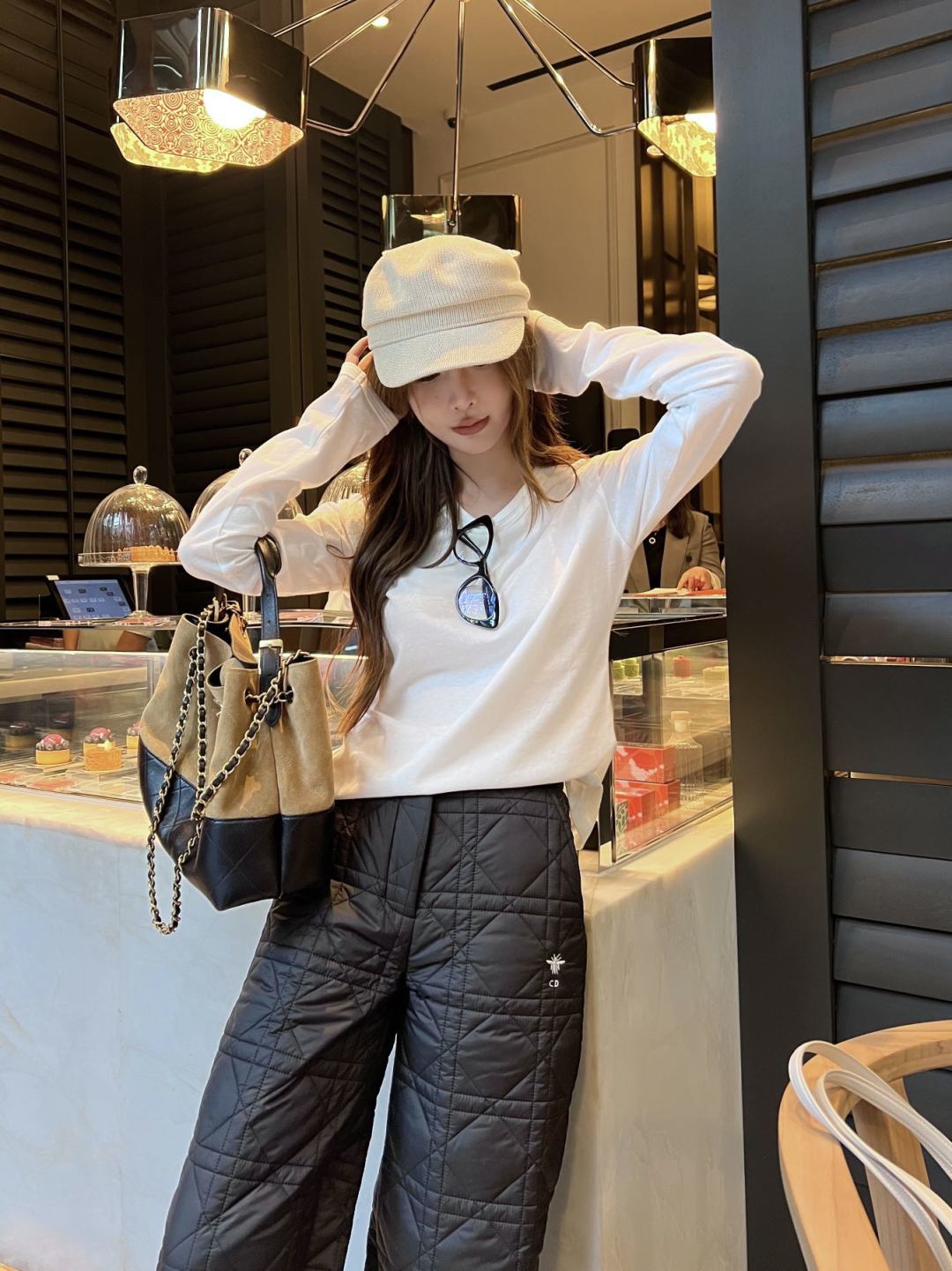 Cd 25fw long cotton-padded coat with quilted seams