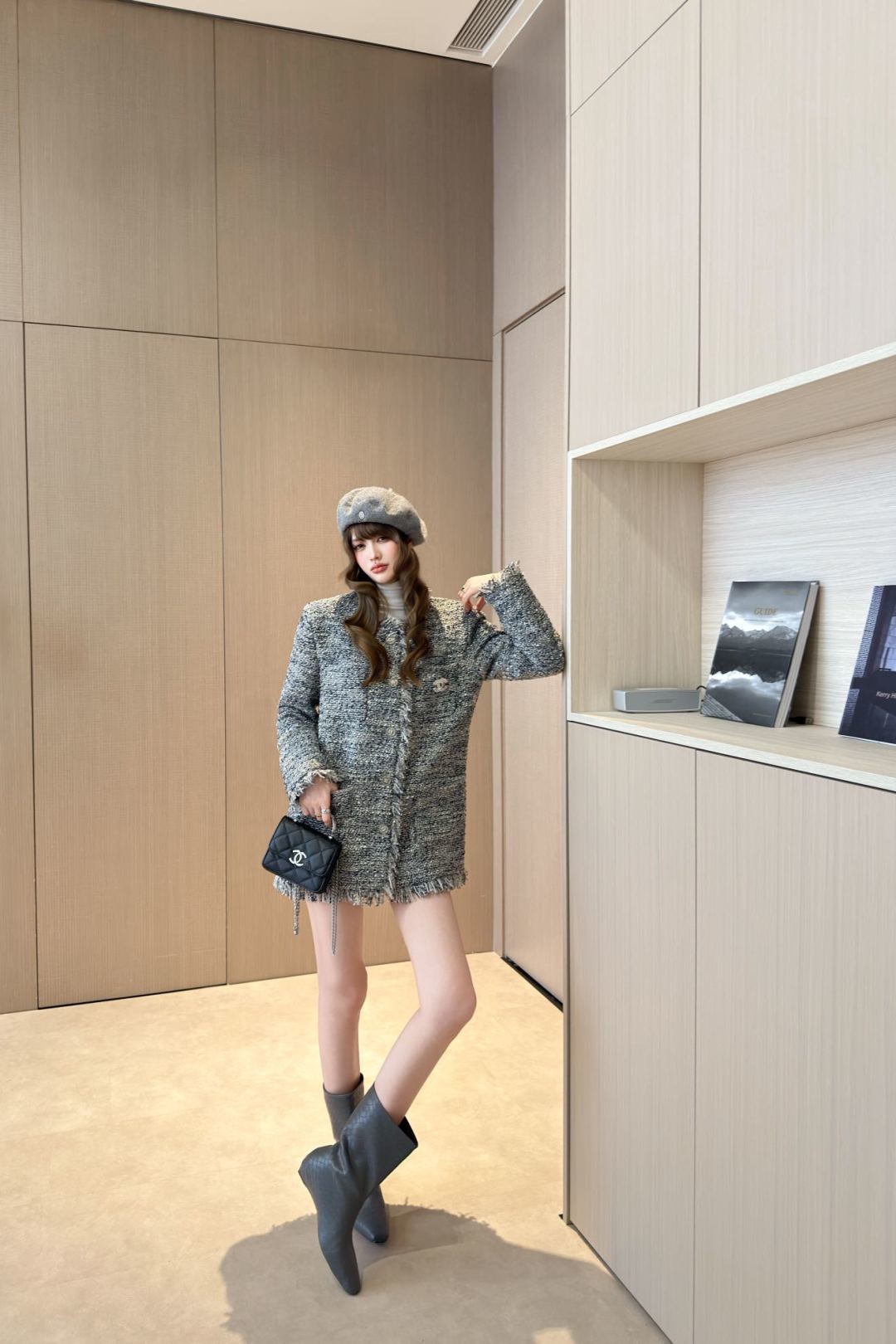 Cha 25fw mid-length elegant tweed coat