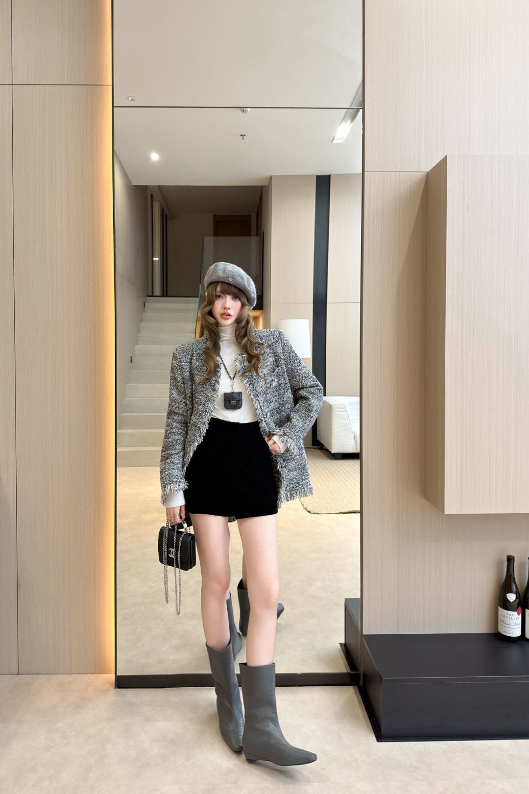 Cha 25fw mid-length elegant tweed coat