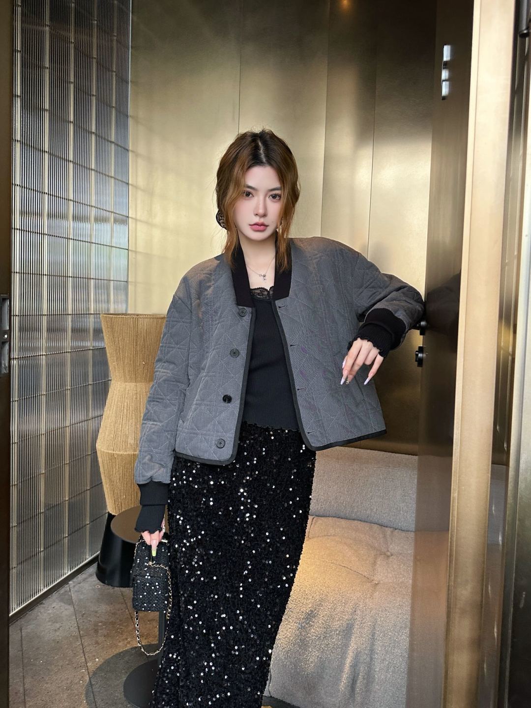 Cd 25fw V-neck patchwork jacket/cotton coat