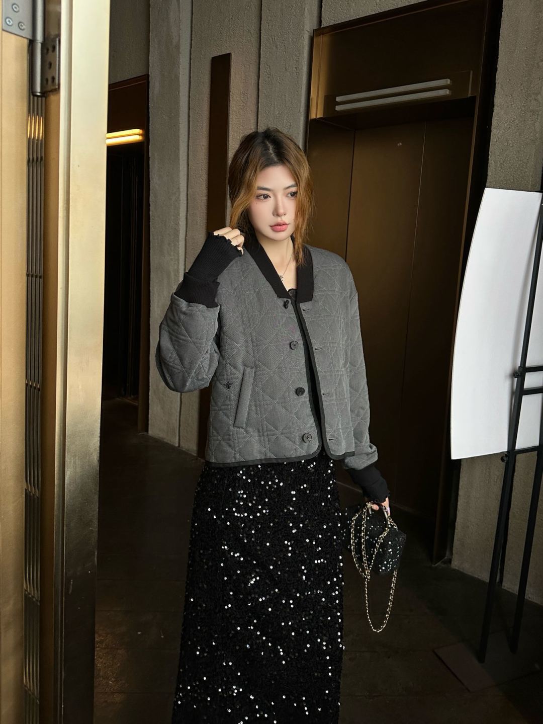 Cd 25fw V-neck patchwork jacket/cotton coat