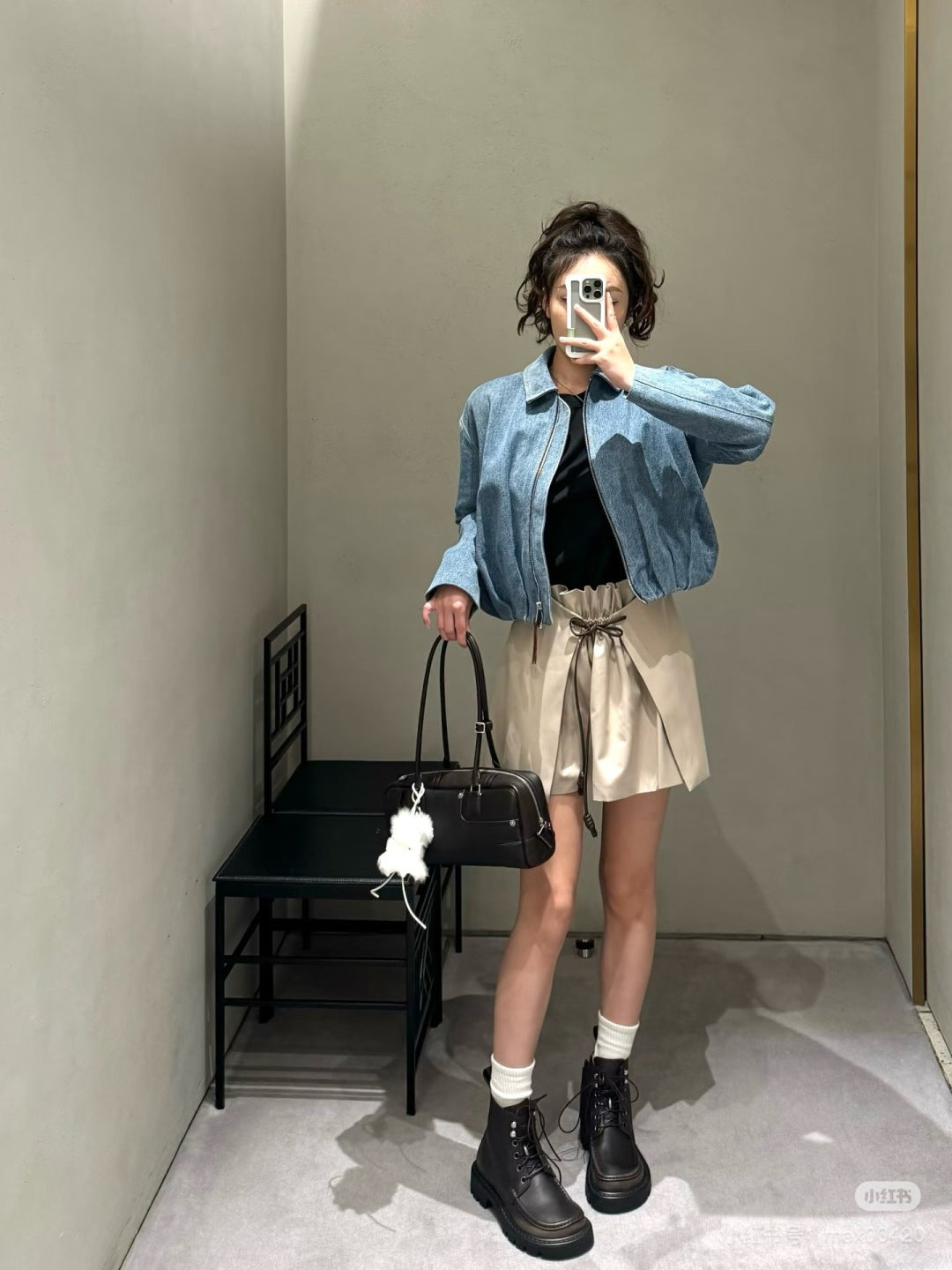 Lew 25fw zippered leather patch denim suit