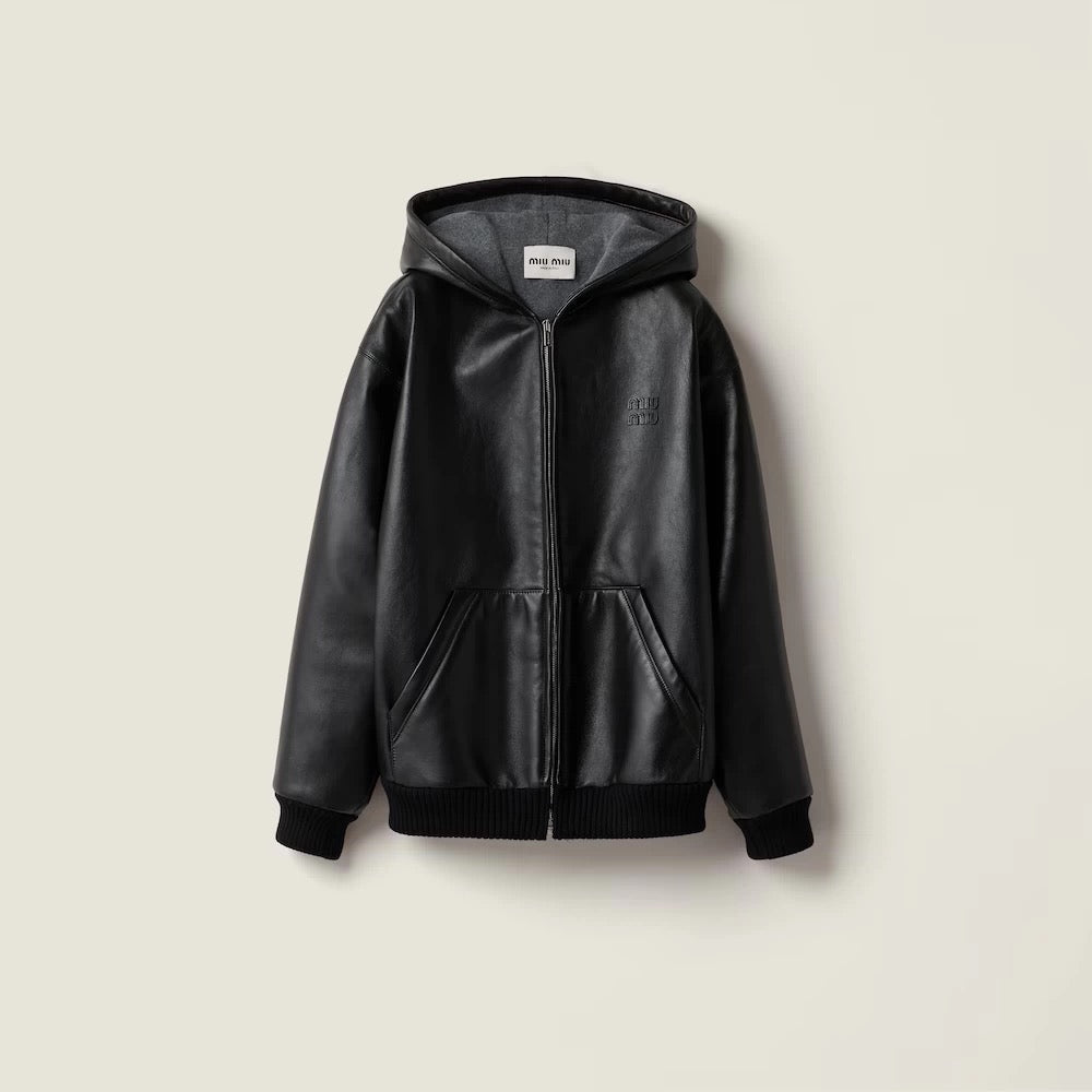 Miu**25fw black genuine leather jacket unisex