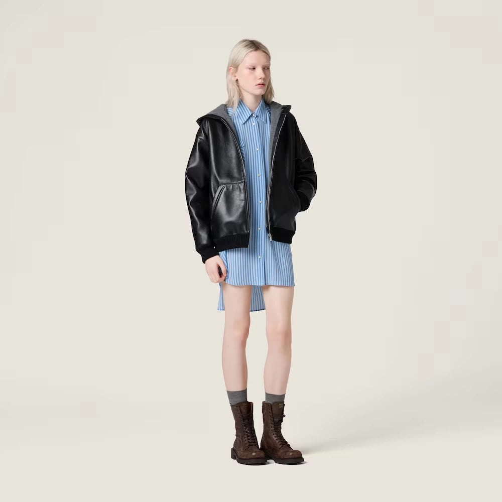 Miu**25fw black genuine leather jacket unisex