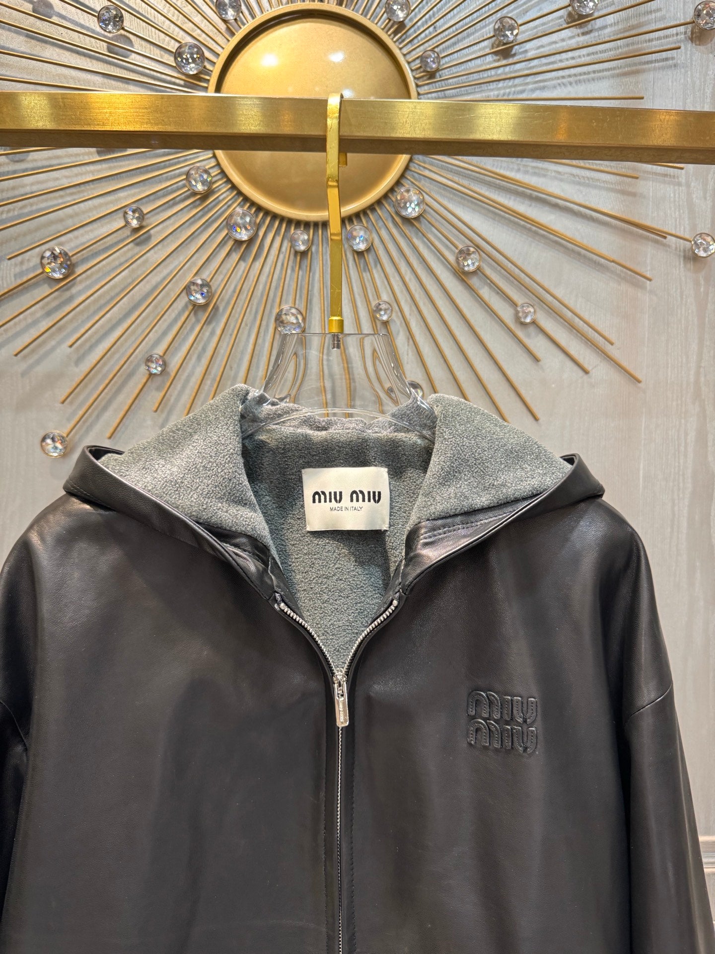 Miu**25fw black genuine leather jacket unisex