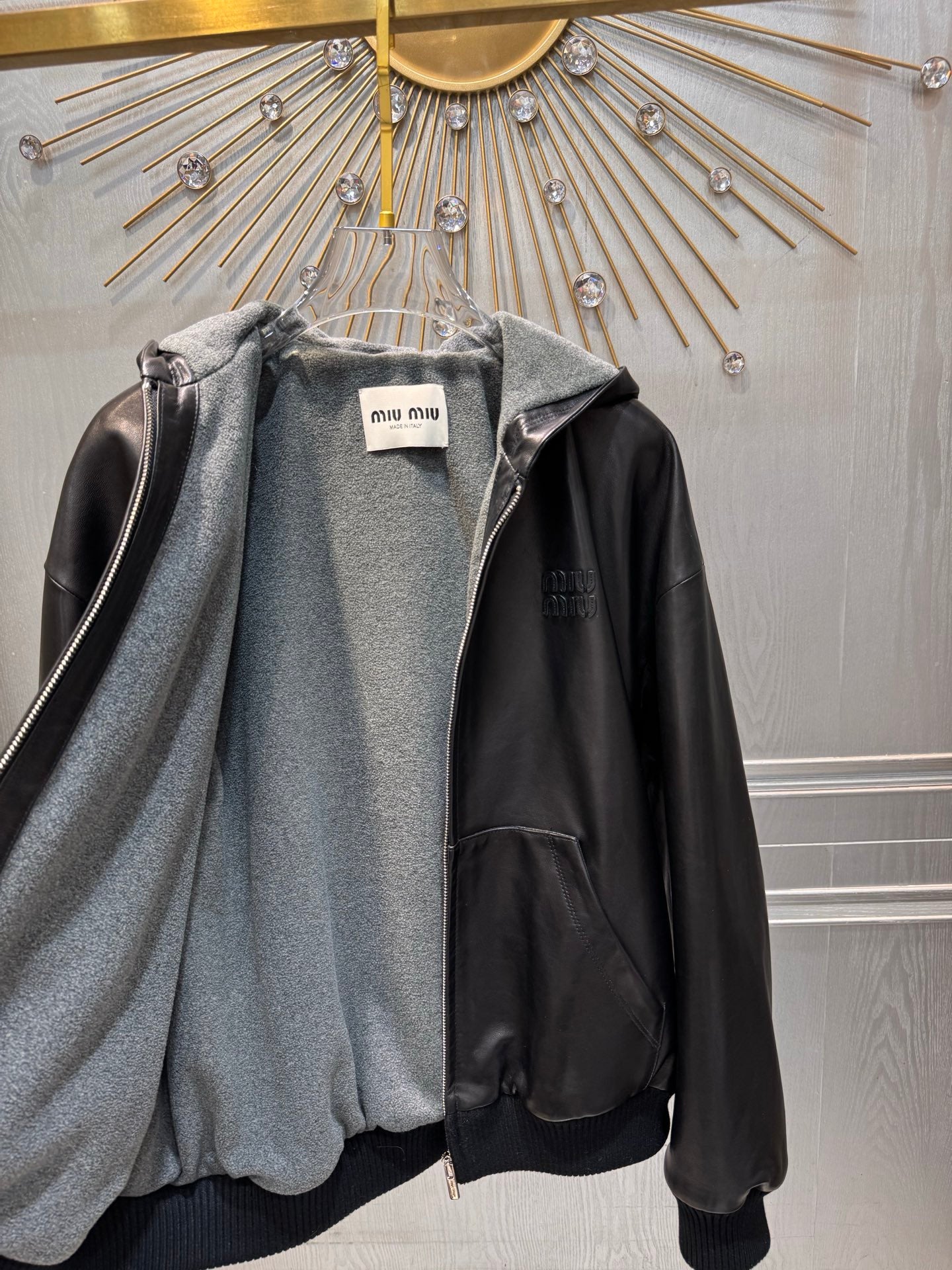 Miu**25fw black genuine leather jacket unisex