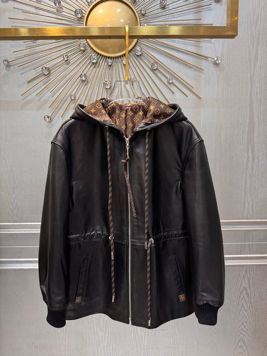 Lou**25fw black hooded genuine leather jacket