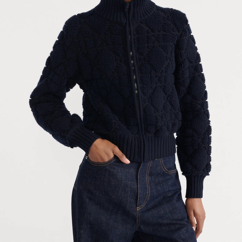 Cd**25fw new dark blue cannage knit zip-up jacket