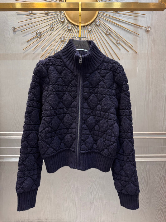 Cd**25fw new dark blue cannage knit zip-up jacket