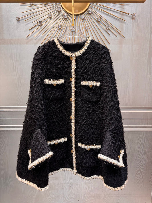 Cha**25fw black tweed cape coat