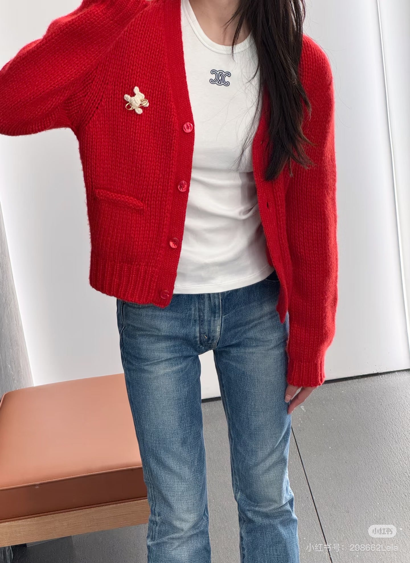 Cel**25fw new red knit cardigan