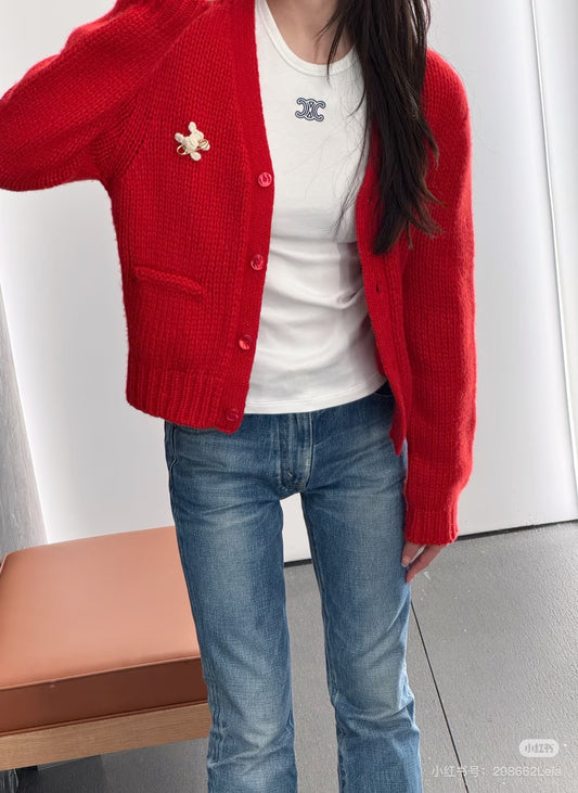 Cel**25fw new red knit cardigan