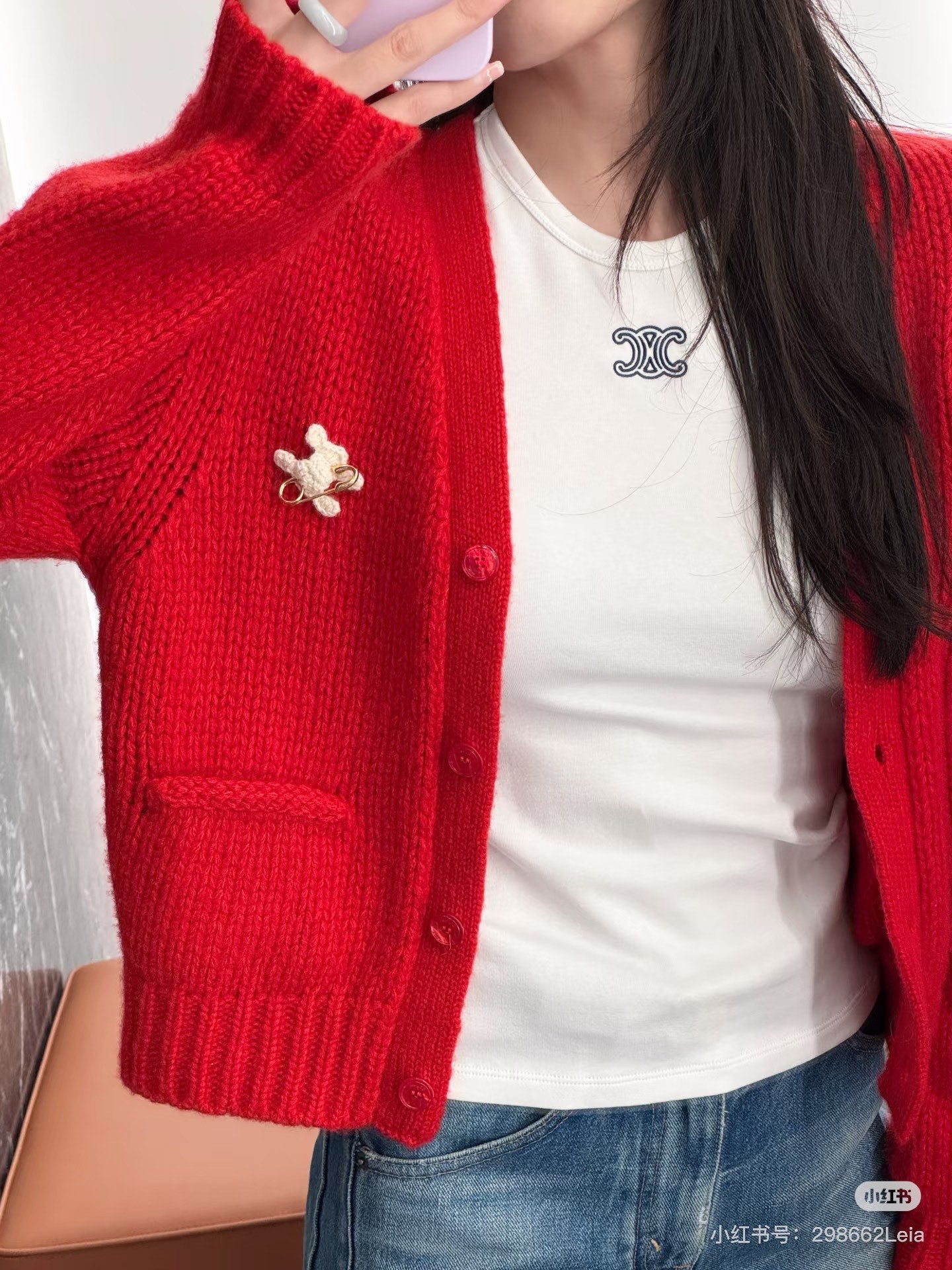 Cel**25fw new red knit cardigan
